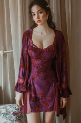 Luxury Butterfly Print Sweet Lace Deep V-Neck Padded Nightgown Robe Set